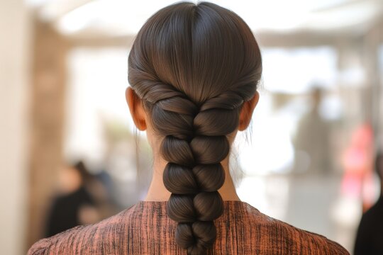 Woman showing a detailed view of her dark brown hair styled in a low ponytail with a modern bubble braid effect