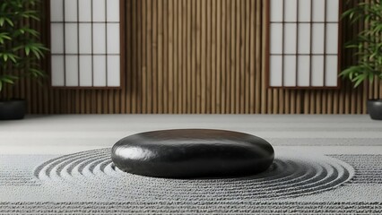 Zen garden with a large black stone and raked sand, surrounded by bamboo and traditional Japanese screens.