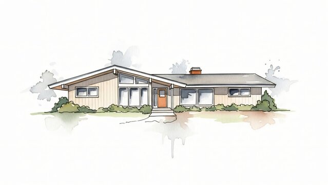 Watercolor sketch of house with trees and bushes in the fore house.