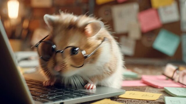 Hamster designs UX wireframes while wearing tiny glasses in a cozy workspace with colorful notes