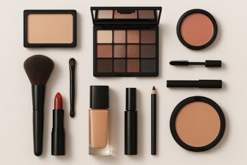 Assorted professional makeup items including eyeshadow palette, foundation, mascara, lipstick, and brushes on a light background