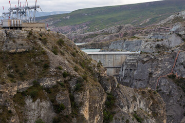 A view of the Chirkey hydroelectric power station surrounded by mountains