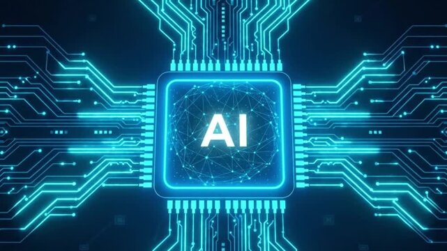 AI Chip in Digital Era: A mesmerizing, close-up shot showcases a central processing unit (CPU) chip embedded with the AI icon.