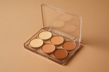 Open makeup palette displaying different shades of cream concealer on a warm beige background, highlighting beauty products