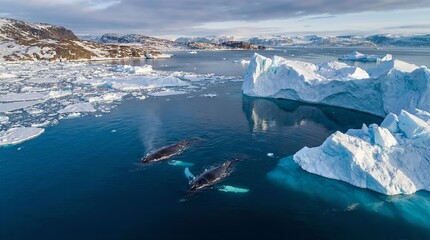 Greenland Humpback Whales Aerial View, Arctic Ocean Icebergs