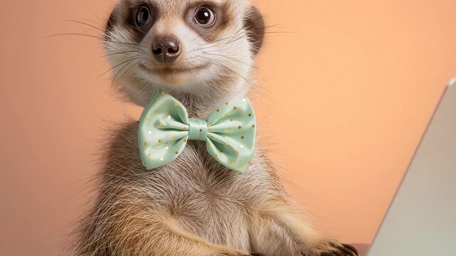 Meerkat in bow tie analyzes data on laptop in simple office setting