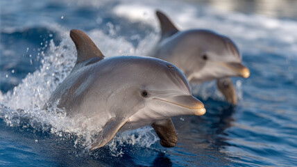 Fototapeta premium Two dolphins jumping in the ocean.