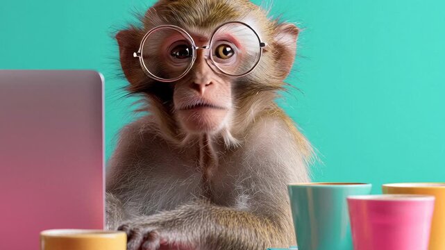 Playful monkey with round glasses types on a laptop while sitting at a colorful table during daylight hours