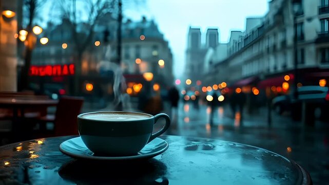 Paris, France, Europe. A rainy Parisian cafe scene captured during the evening, with a focus on a cup of coffee on a saucer.
