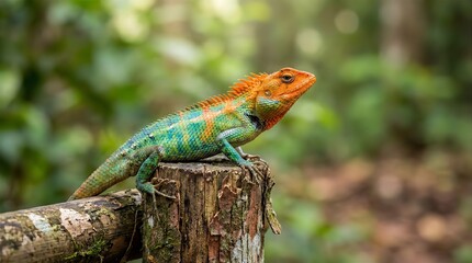 Green Forest Lizard on Wood Pole, Vibrant Tropical Reptile