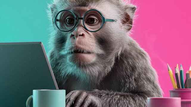 Monkey in glasses types on laptop while workspace is colorful and fun during daytime hours
