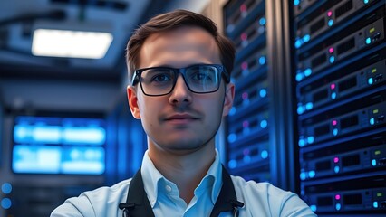 A technical specialist in glasses stands confidently before a server rack, representing expertise in technology.