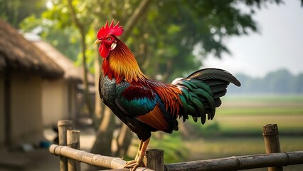 Vibrant rooster standing proudly on rustic fence in rural setting