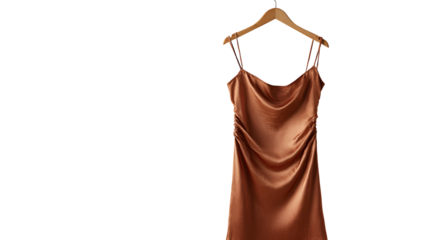 A rust-colored silky slip dress hangs on a wooden hanger, against a black backdrop