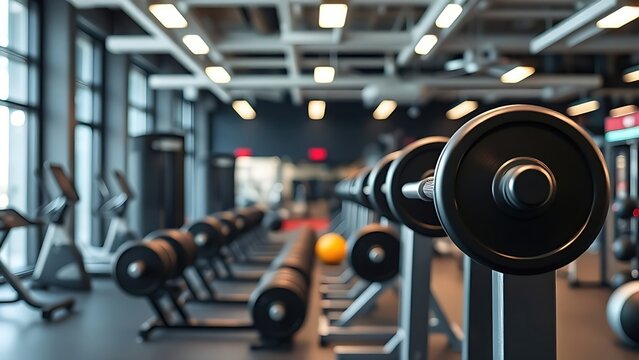 Overview of a modern fitness center with weight training equipment in a clean environment.