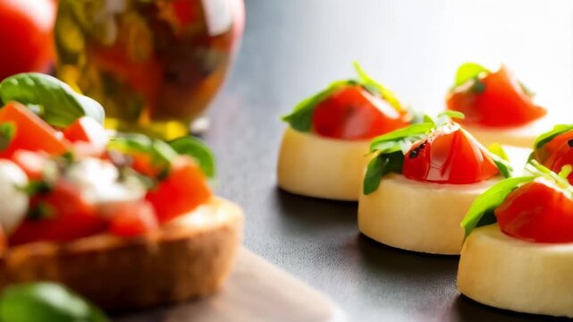 Close-up of bruschetta topped with tomato, mozzarella, basil, olive oil on a cutting board for a fresh, savory appetizer.