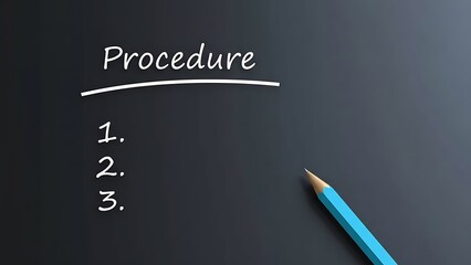 Handwritten procedure steps 1, 2, 3 on dark background with bright blue pencil ready to write, concept for planning and execution
