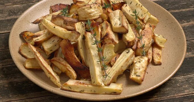 A rotating platter with roasted parsnip chunks glazed in honey and infused with thyme. 