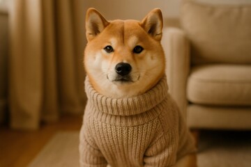 Cute Shiba Inu dog posing for camera, wearing a turtleneck sweater at home, creating a warm and cozy winter scene