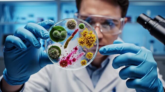Scientist analyzing colorful microbial samples in modern laboratory under microscope