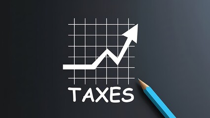 Conceptual graphic showing a white line graph with an upward trend arrow, superimposed on a grid, with the word "TAXES" written below and a blue pencil in the corner.