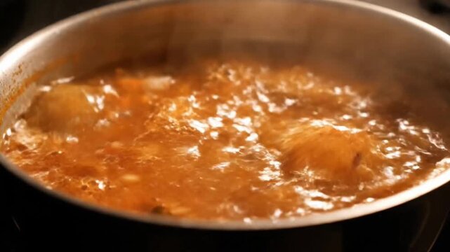 A pot of bubbling broth boiling on the stovetop.