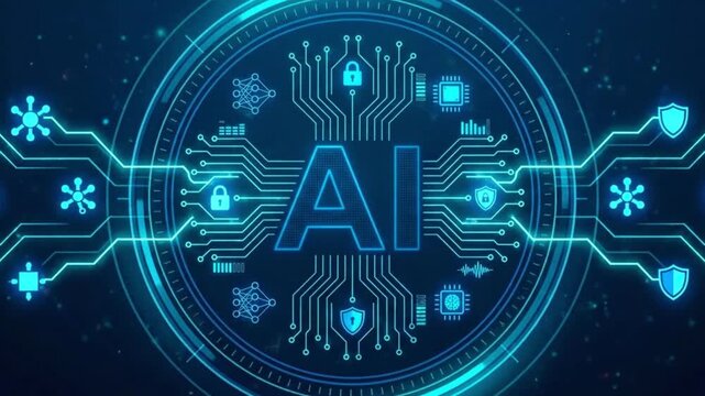 AI Technology: This image showcases an intricate network design of artificial intelligence at the center. The image has a futuristic and technical aesthetic.