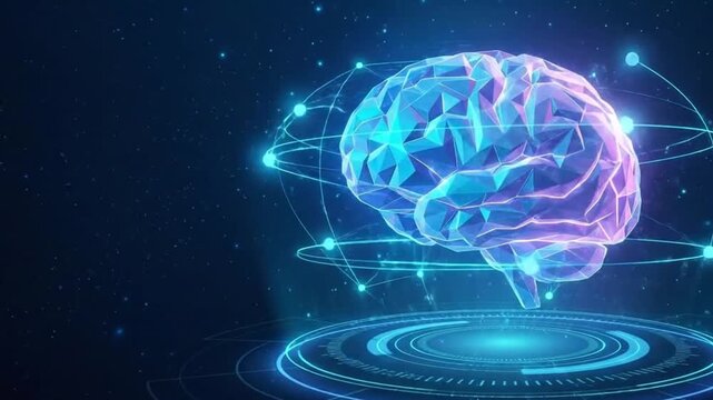 Intelligent Brain: A stylized, glowing brain, connected by digital nodes, emerges from a futuristic platform, symbolizing the cutting edge of technological advancement and human intellect.