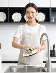 Asian young woman washing dishes in the kitchen, asian beauty