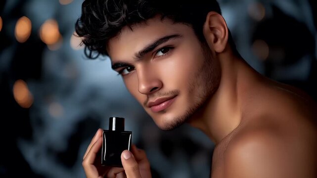 A closeup of a young man smelling a perfume bottle. The style is realistic with a touch of artistic flair, emphasizing the subjects facial features and the texture of the skin.