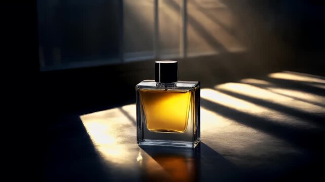 A closeup of a perfume bottle on a reflective surface, bathed in sunlight. The bottle is rectangular with a black cap and a transparent body, revealing a golden liquid inside.