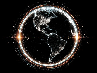 Digital Earth: A mesmerizing digital representation of the Earth, encapsulated within a radiant ring, showcasing global connectivity and technological innovation against a dark backdrop.