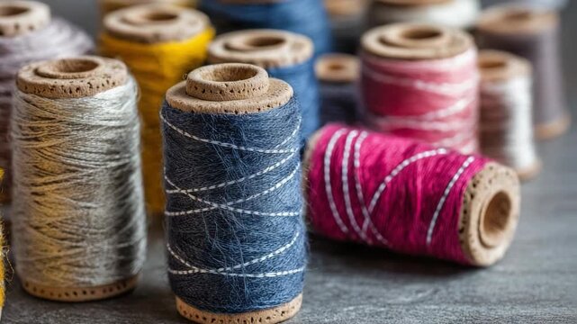 Colorful threads are wound onto spools, creating a vibrant display of textiles and a sense of craftiness