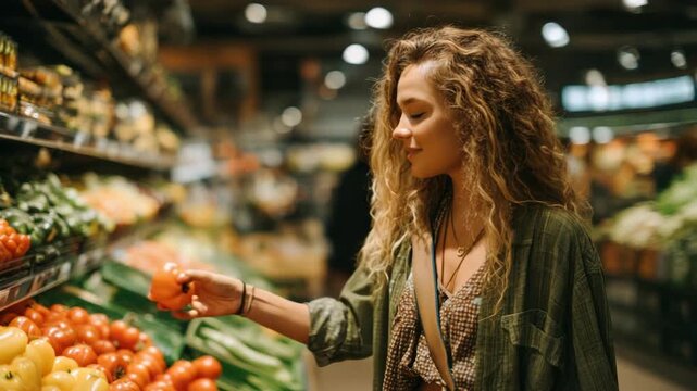 A woman carefully selects fresh produce in a vibrant grocery store. She is focused on the selection of ripe tomatoes and other fresh vegetables. 
