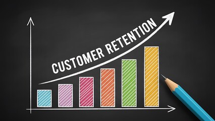 Chalkboard graph showing increasing customer retention with colorful bars and upward arrow, a blue pencil poised to draw.