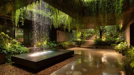 Indoor garden space with waterfall