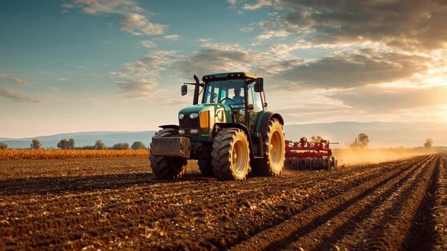 A tractor cultivating a field at sunset, showcasing rural work. The scene shows the powerful machine at work with an amazing skyscape in the background.