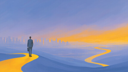 Obraz premium Journey of Purpose: An individual walks confidently along a radiant, golden path, signifying a journey of determination, toward a distant cityscape of possibility.