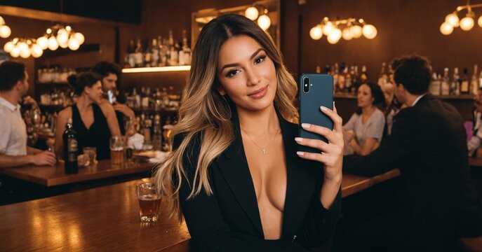 Donna in nero elegante e scollatura in una bella posa con il suo smartphone