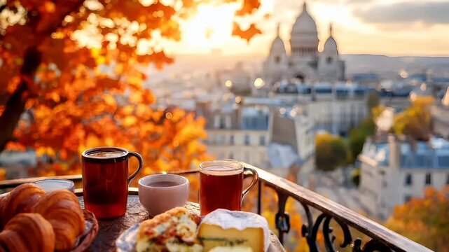 Paris, France, Europe. Aerial view of Paris during sunset with a cup of coffee and croissants on a balcony overlooking the cityscape.