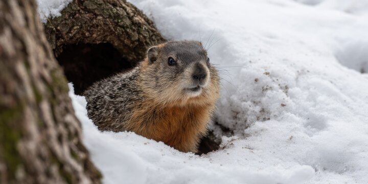 Groundhog emerging from snowy burrow in winter forest scene