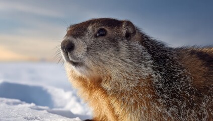 Close-up of groundhog in snowy landscape with clear sky