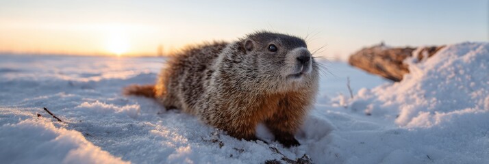 Groundhog resting on snowy field at sunset