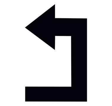 Black left turn arrow icon indicating corner navigation and directional movement for interface elements on white background 