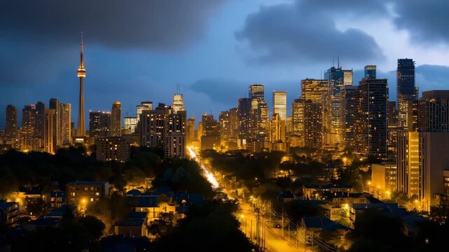 A city skyline plunged into darkness during a sudden power blackout, only emergency lights and car headlights visible, illustrating infrastructure vulnerability and urban resilience. cinematic