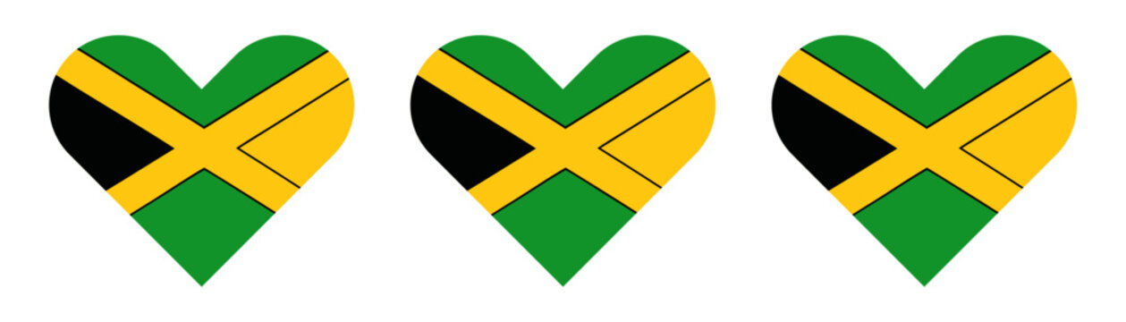 Jamaica Flag Heart. Flag of Jamaica Heart Shape. Set of Jamaican Flag Hearts Vector.