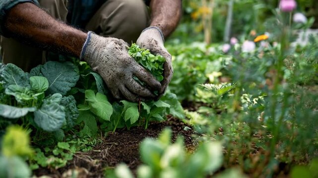 A gardener tending to a thriving vegetable patch with focus and care