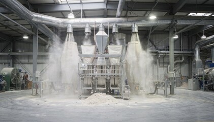 Medium shot of a centralized dust extraction system with large overhead ducts and filters efficiently capturing fiber dust in an industrial bag mill environment.