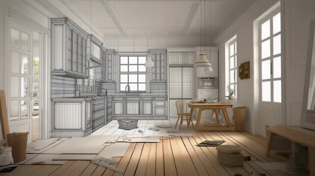 Conceptual architectural rendering of an unfinished kitchen, with artistic wireframe and finished elements blended together. Showcasing design and construction