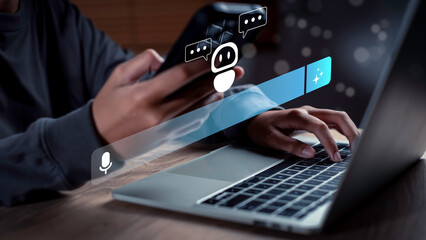 Using smartphone and laptop with chatbot and voice search bar interface, symbolizing artificial intelligence, natural language processing, and seamless digital communication.